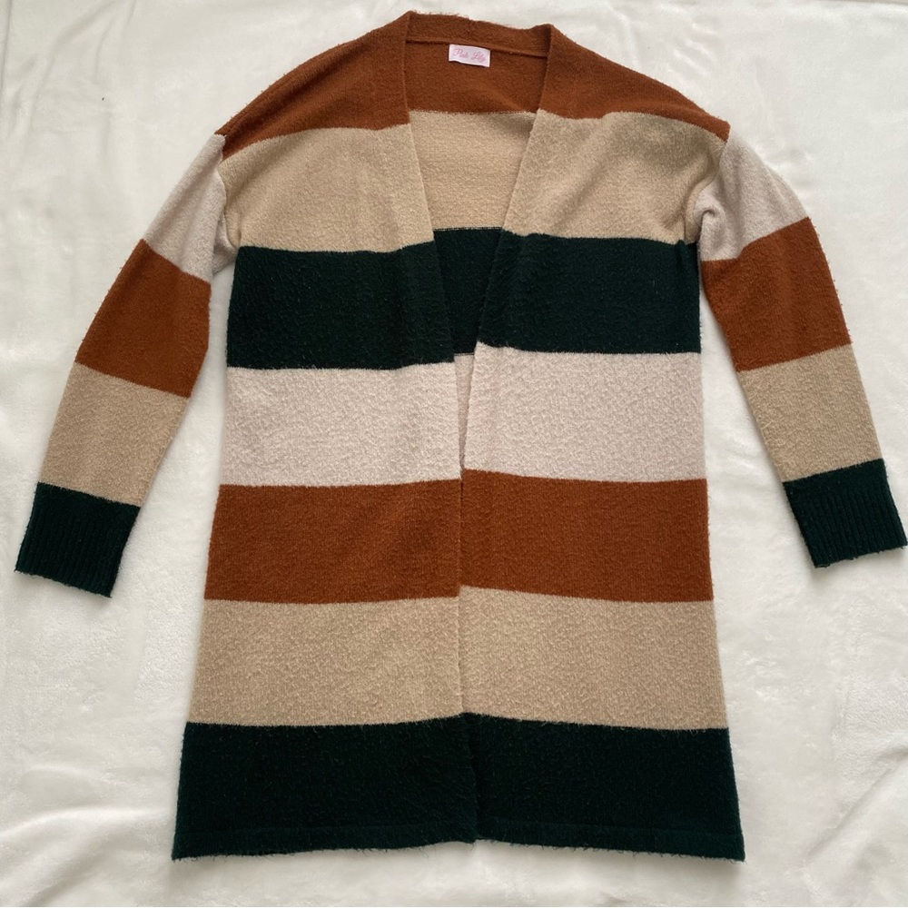 Pink Lily Green and Tan Striped Cardigan